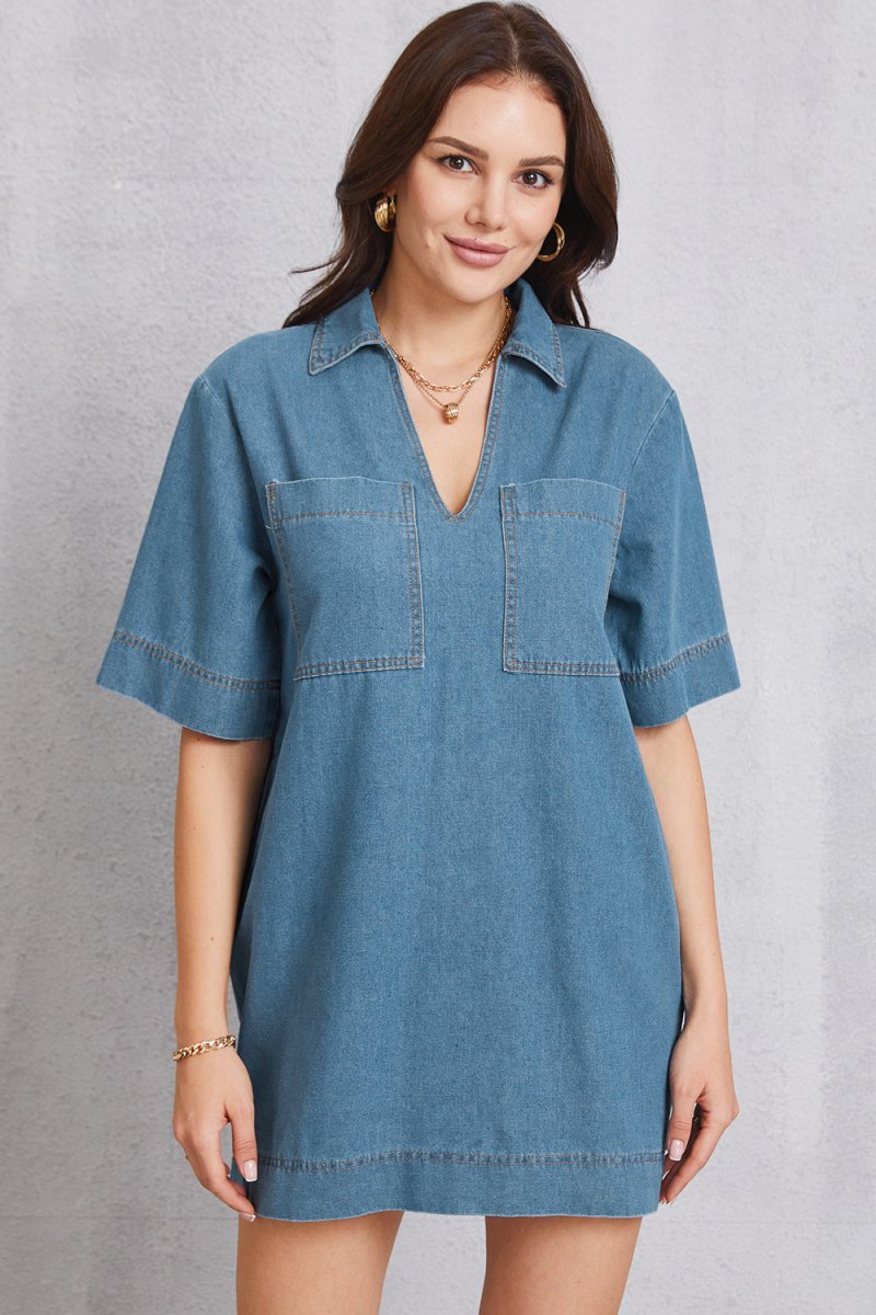 Pocketed Collared Neck Mini Denim Dress - Denim Dress