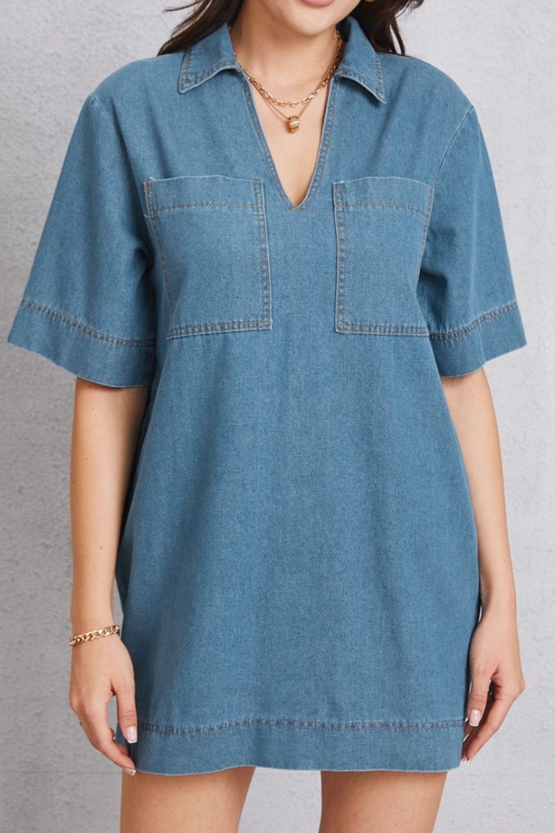 Pocketed Collared Neck Mini Denim Dress - Denim Dress