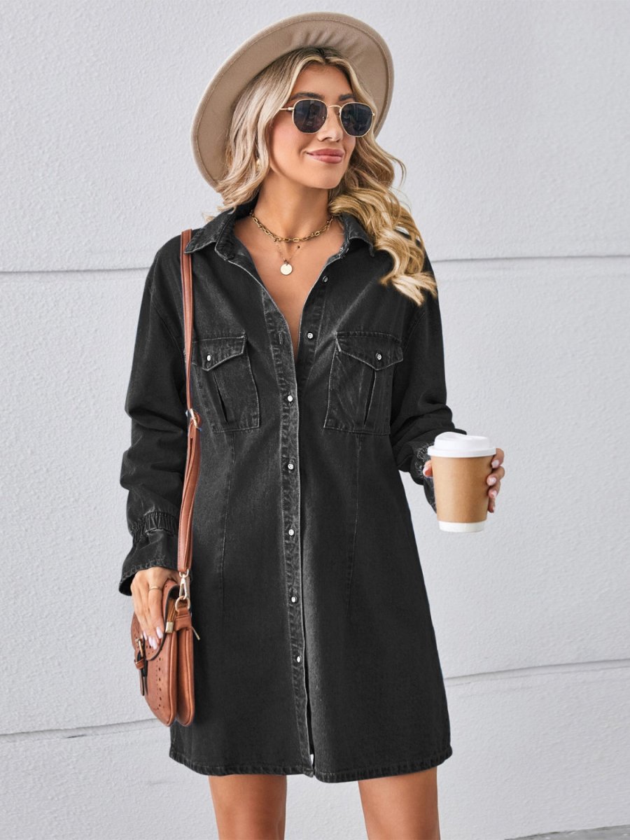 Pocketed Dropped Shoulder Mini Denim Dress - Denim Dress