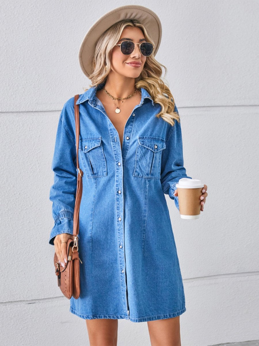 Pocketed Dropped Shoulder Mini Denim Dress - Denim Dress
