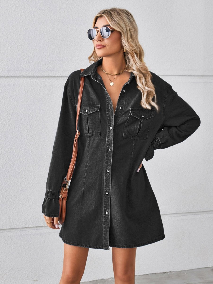 Pocketed Dropped Shoulder Mini Denim Dress - Denim Dress