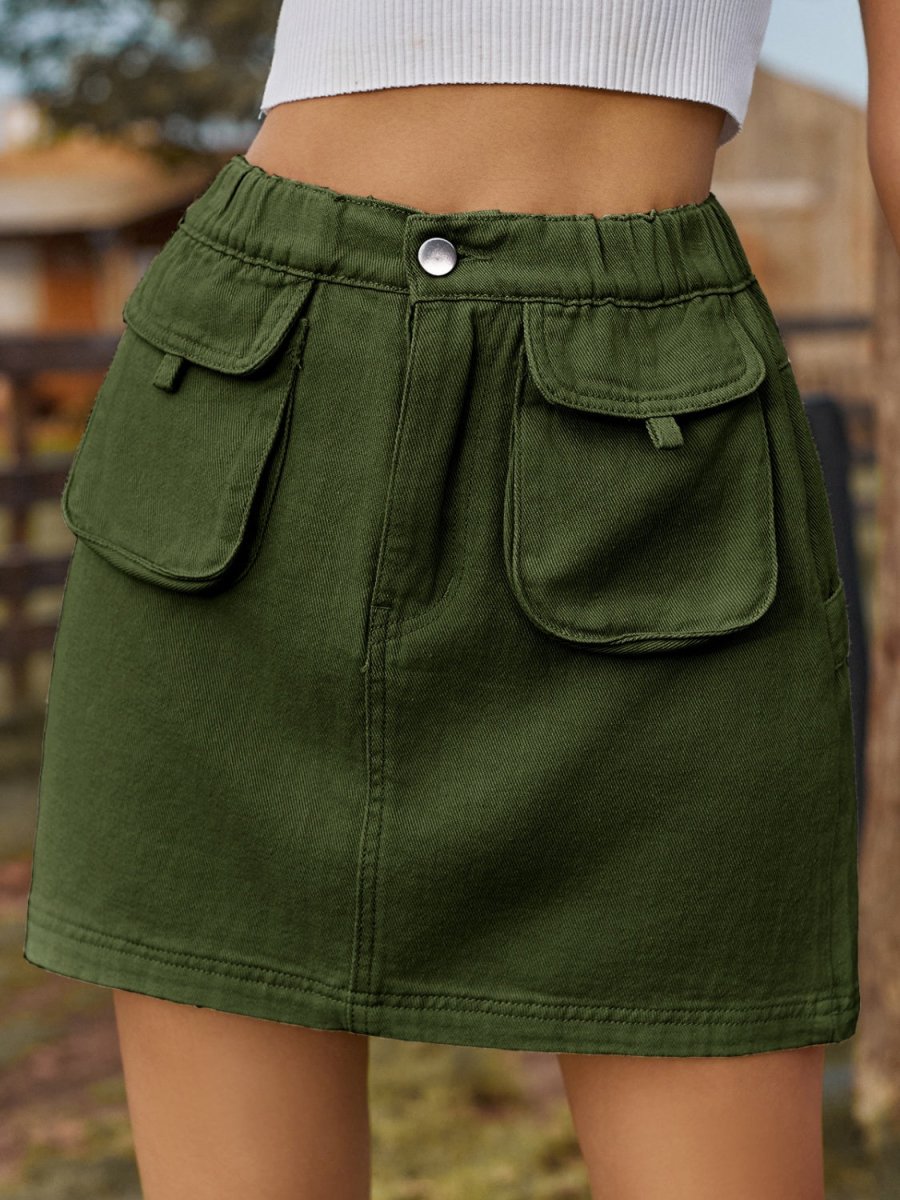 Pocketed Elastic Waist Denim Skirt - Bottoms
