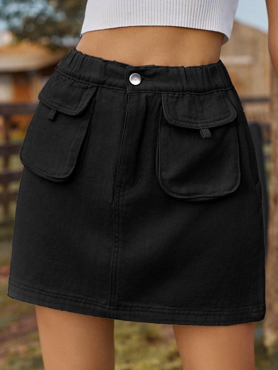 Pocketed Elastic Waist Denim Skirt - Bottoms
