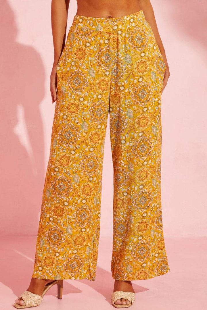 Pocketed Floral Wide Leg Pants - Bottoms