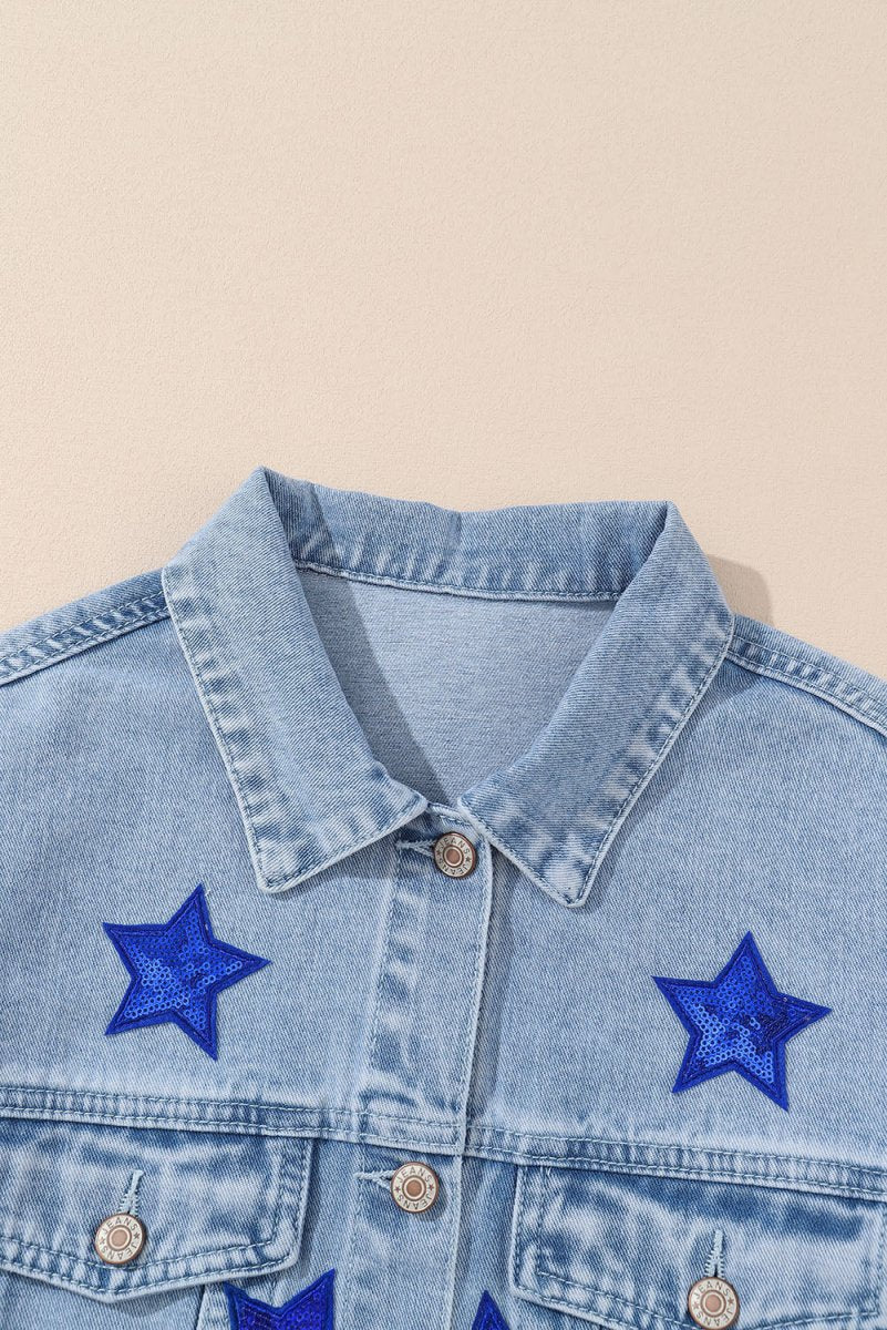 Pocketed Geometric Collared Neck Denim Jacket - Outerwear