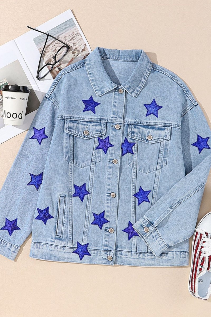 Pocketed Geometric Collared Neck Denim Jacket - Outerwear
