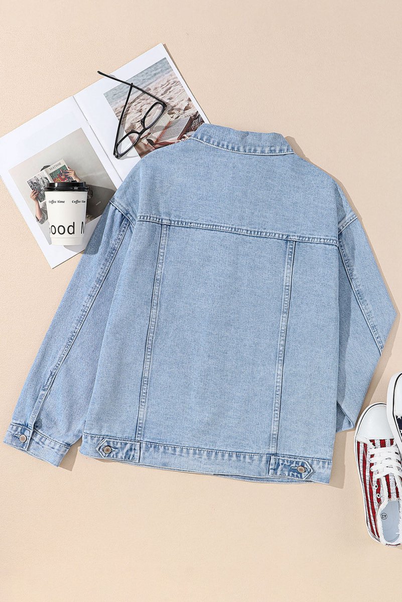 Pocketed Geometric Collared Neck Denim Jacket - Outerwear