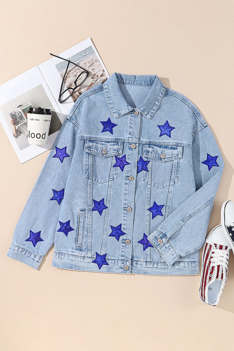 Pocketed Geometric Collared Neck Denim Jacket - Outerwear