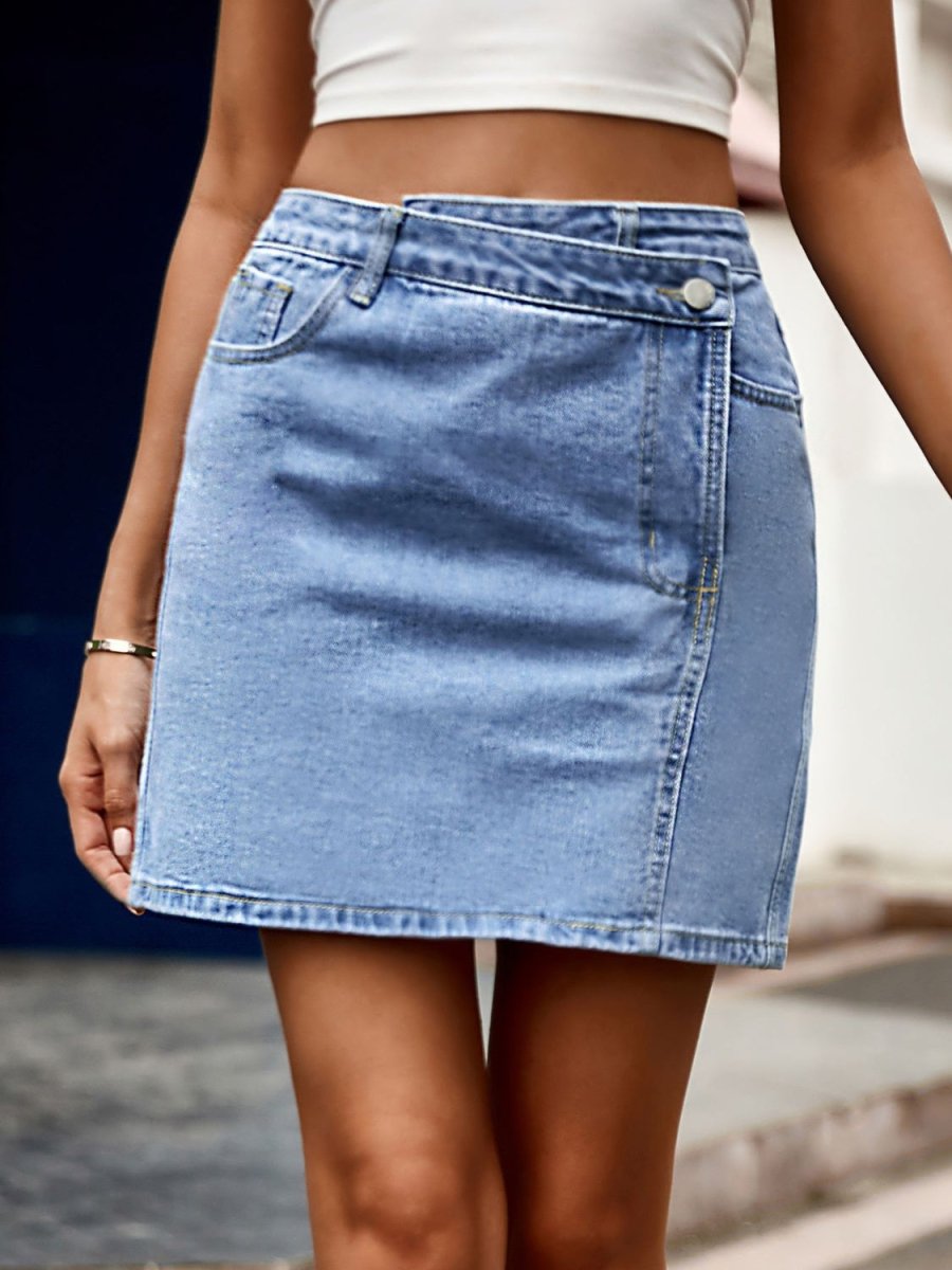 Pocketed High Waist Denim Skirt - Bottoms