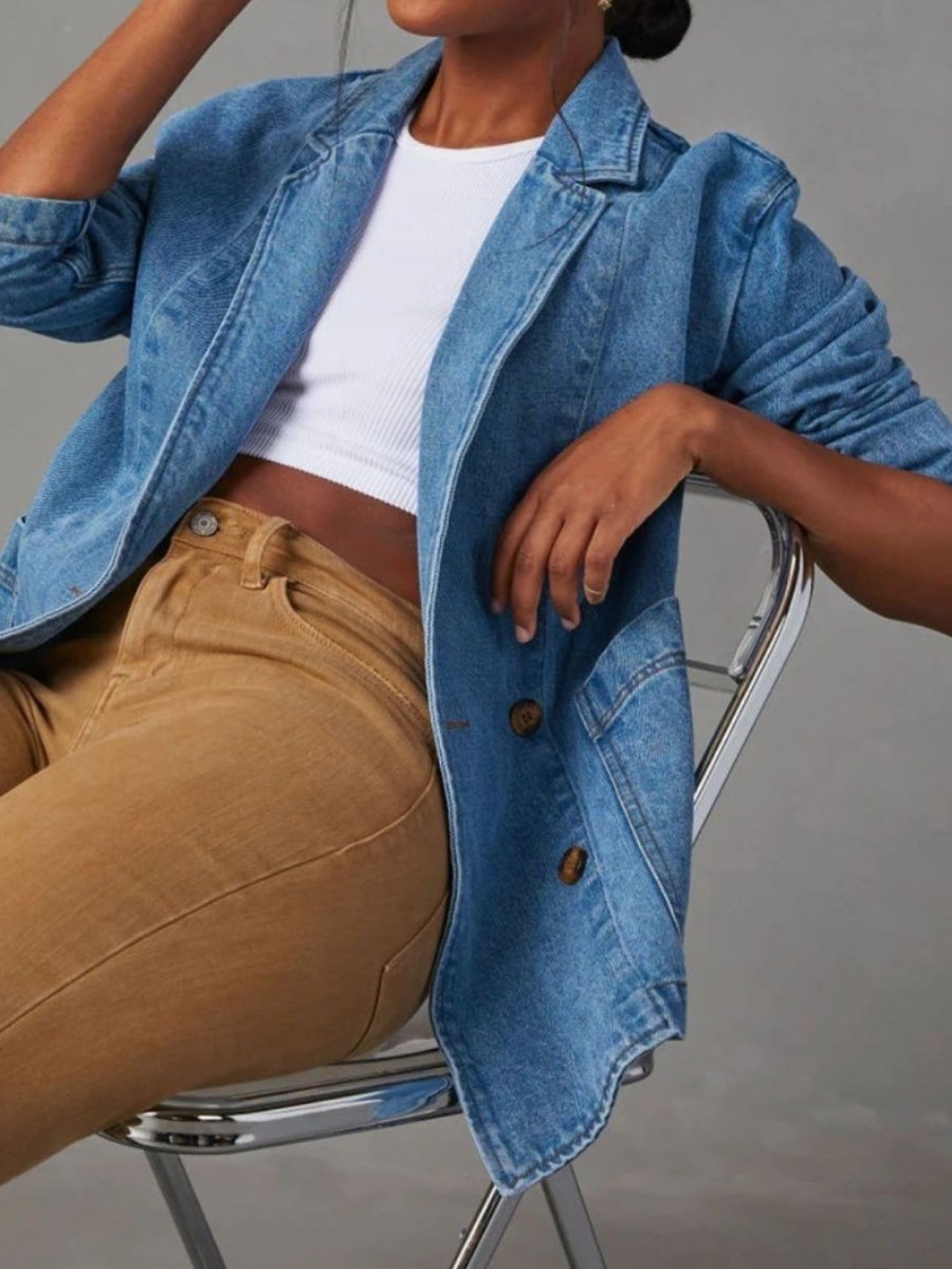 Pocketed Lapel Collar Long Sleeve Denim Jacket - Outerwear