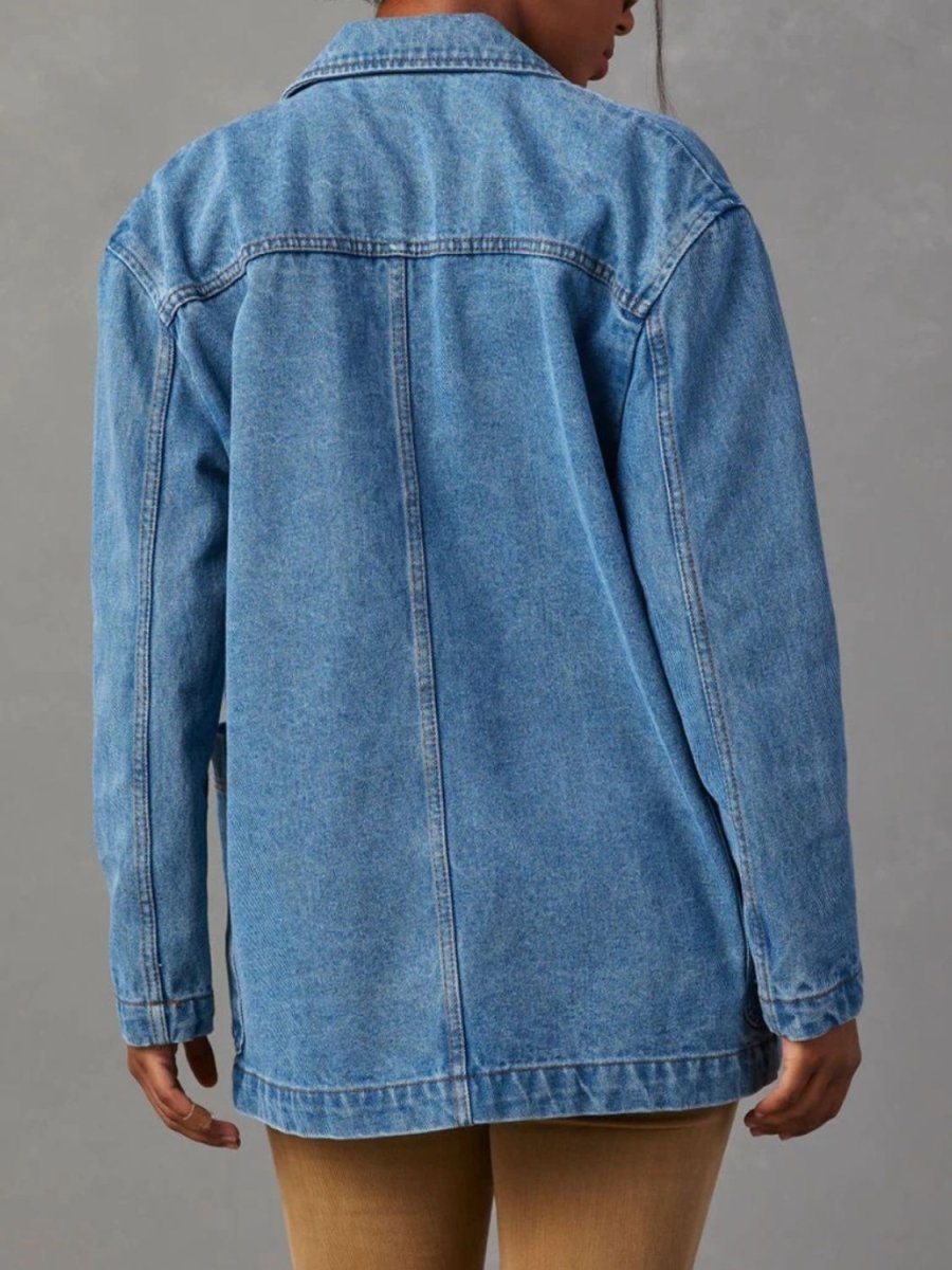 Pocketed Lapel Collar Long Sleeve Denim Jacket - Outerwear