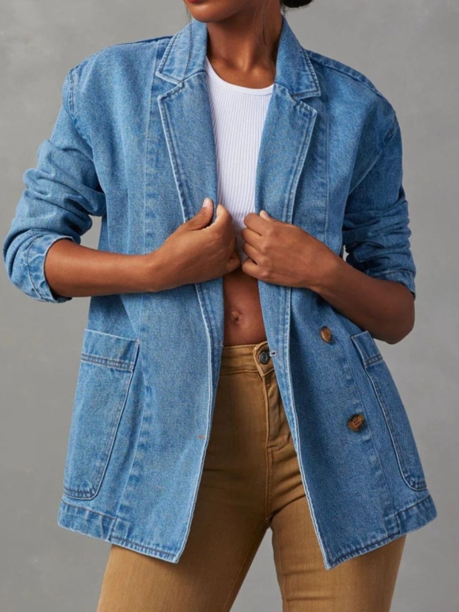Pocketed Lapel Collar Long Sleeve Denim Jacket - Outerwear