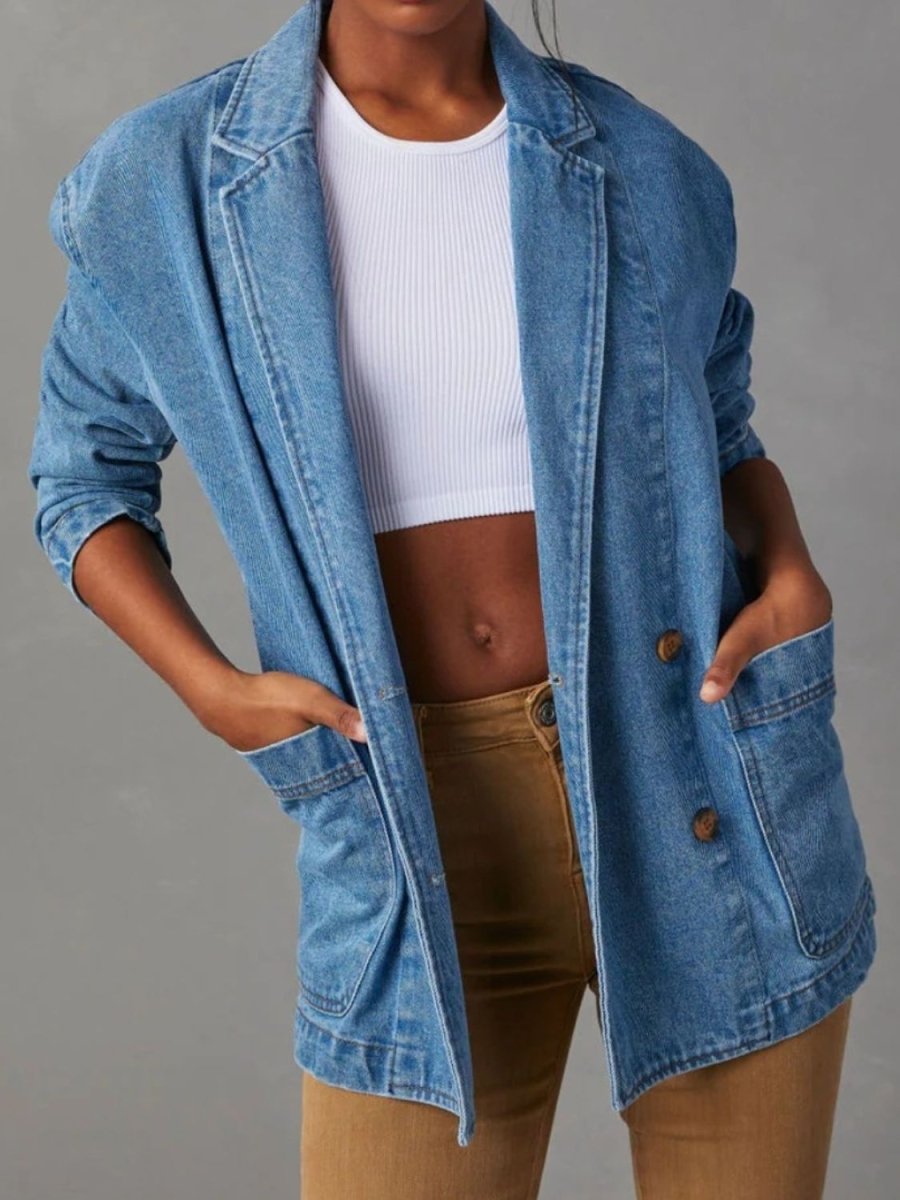 Pocketed Lapel Collar Long Sleeve Denim Jacket - Outerwear