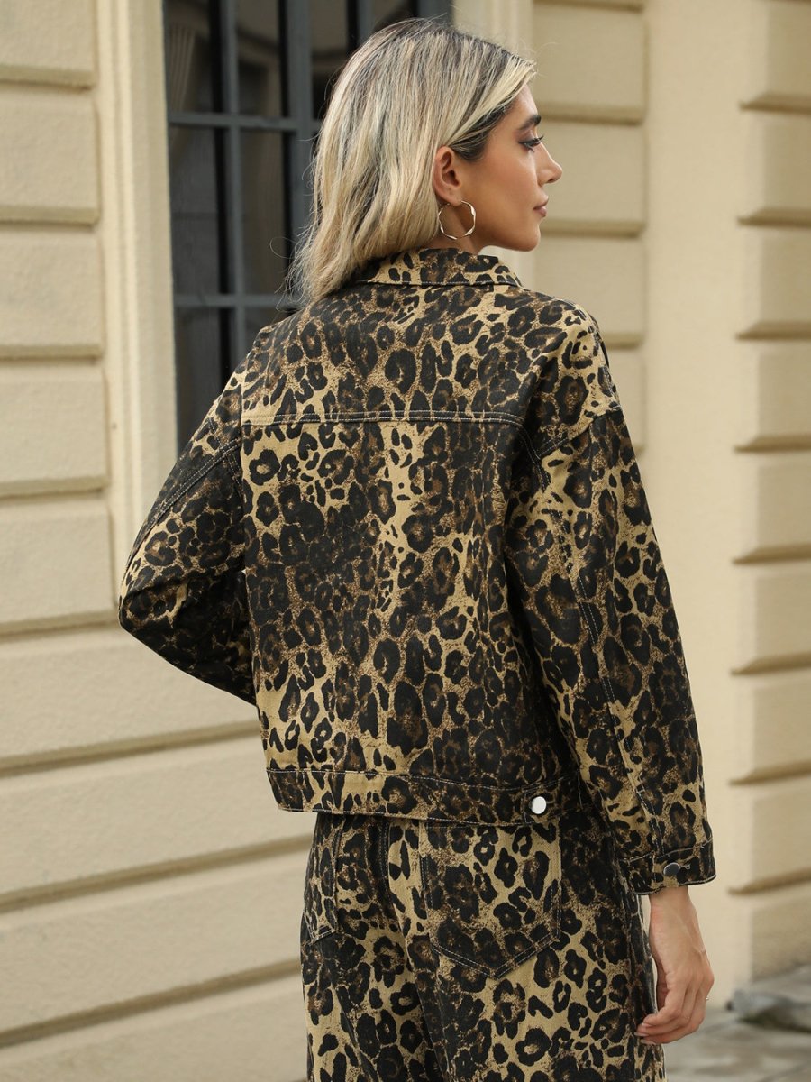 Pocketed Leopard Long Sleeve Denim Jacket - Outerwear