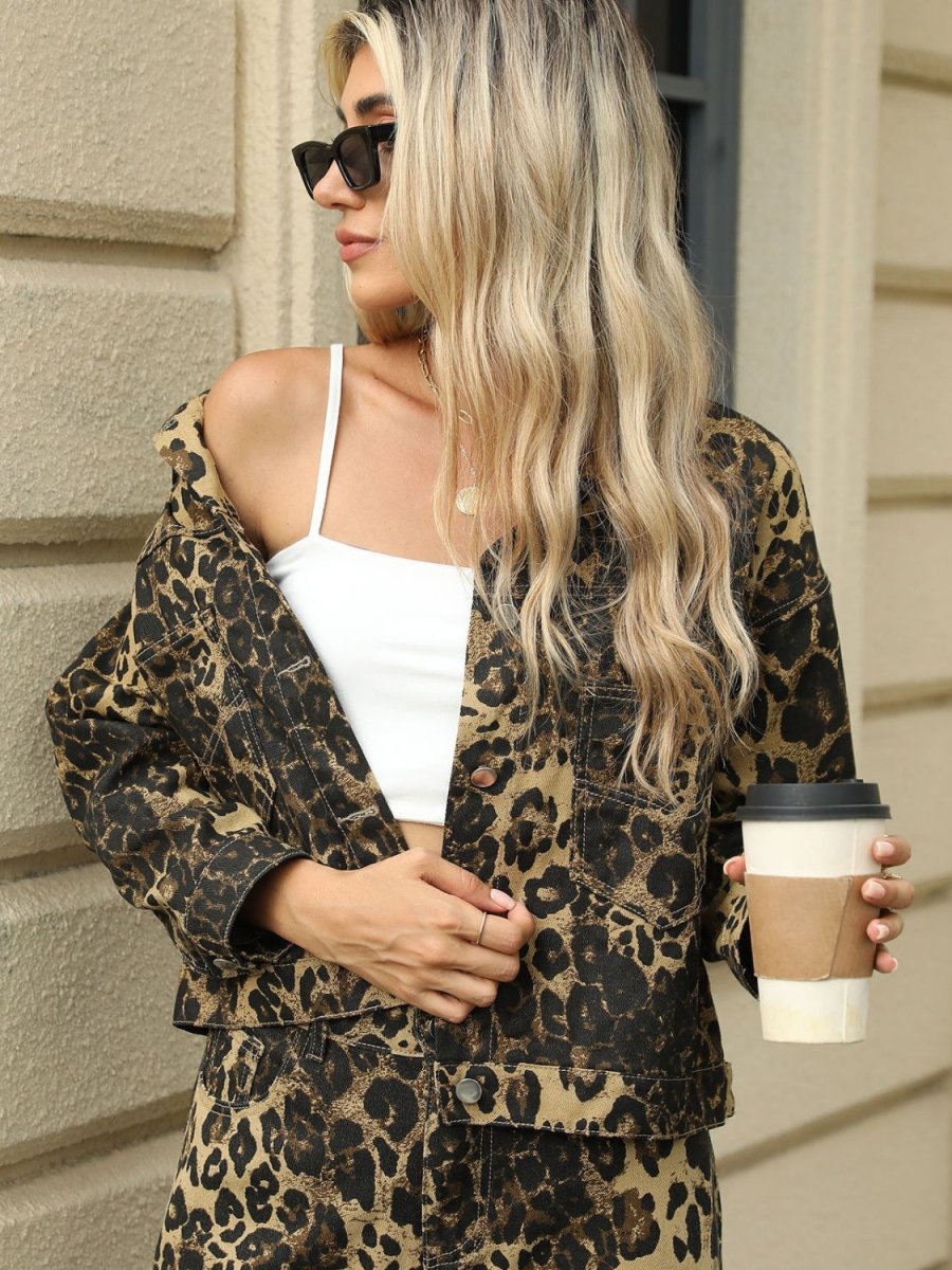 Pocketed Leopard Long Sleeve Denim Jacket - Outerwear