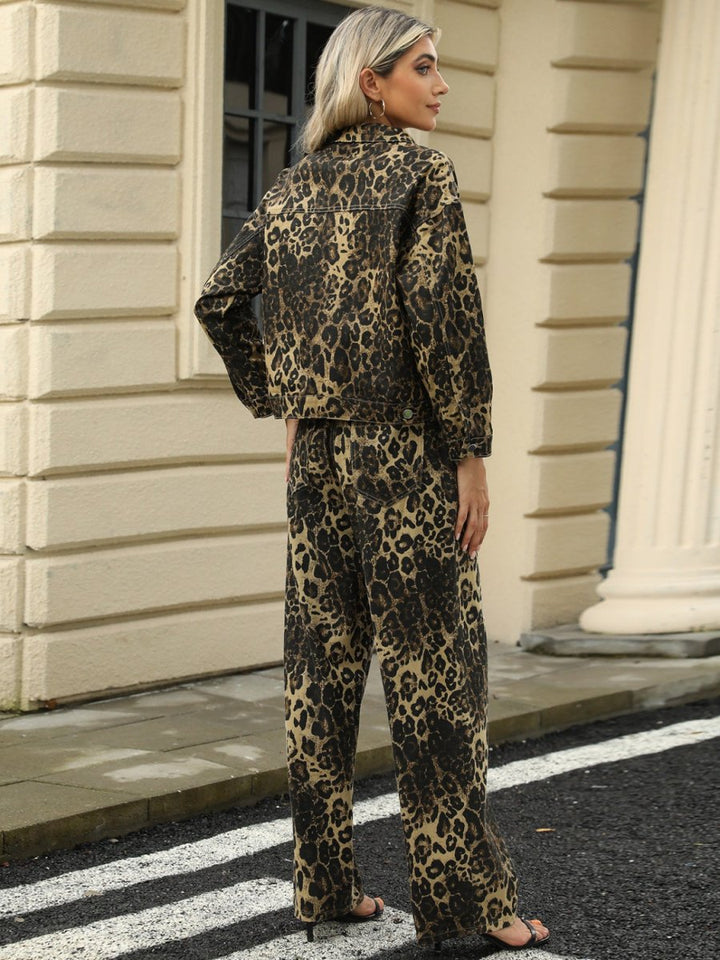 Pocketed Leopard Long Sleeve Denim Jacket - Outerwear