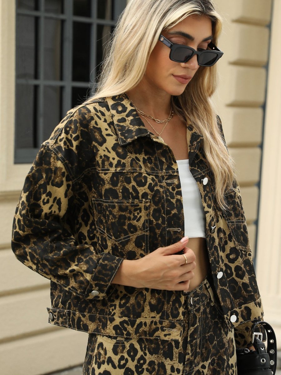 Pocketed Leopard Long Sleeve Denim Jacket - Outerwear
