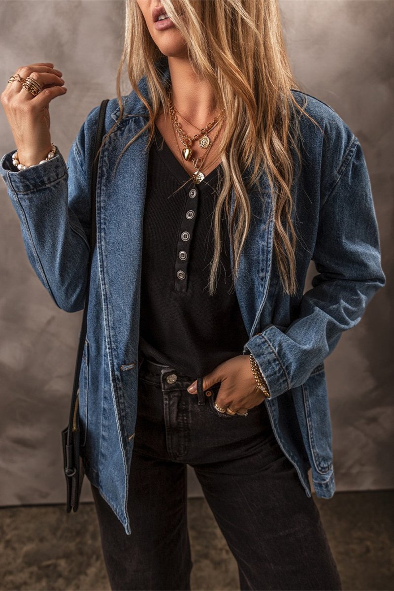 Pocketed Long Sleeve Denim Jacket - Outerwear