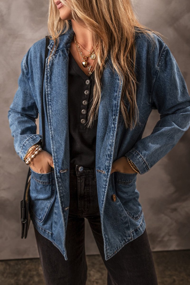Pocketed Long Sleeve Denim Jacket - Outerwear