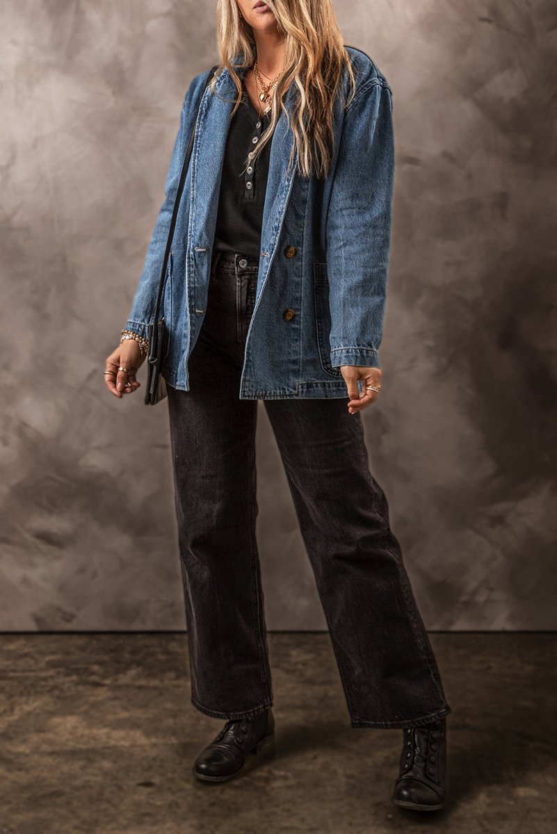Pocketed Long Sleeve Denim Jacket - Outerwear
