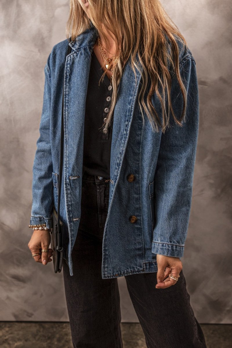 Pocketed Long Sleeve Denim Jacket - Outerwear