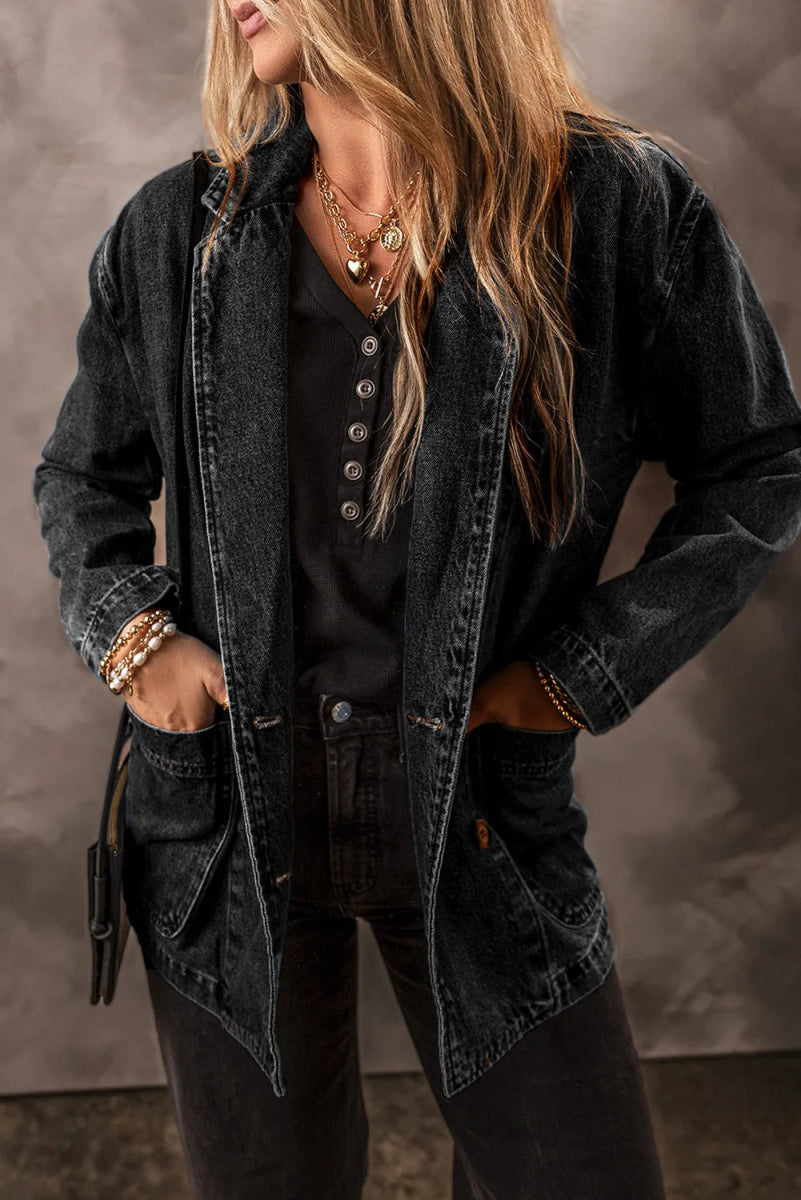 Pocketed Long Sleeve Denim Jacket - Outerwear