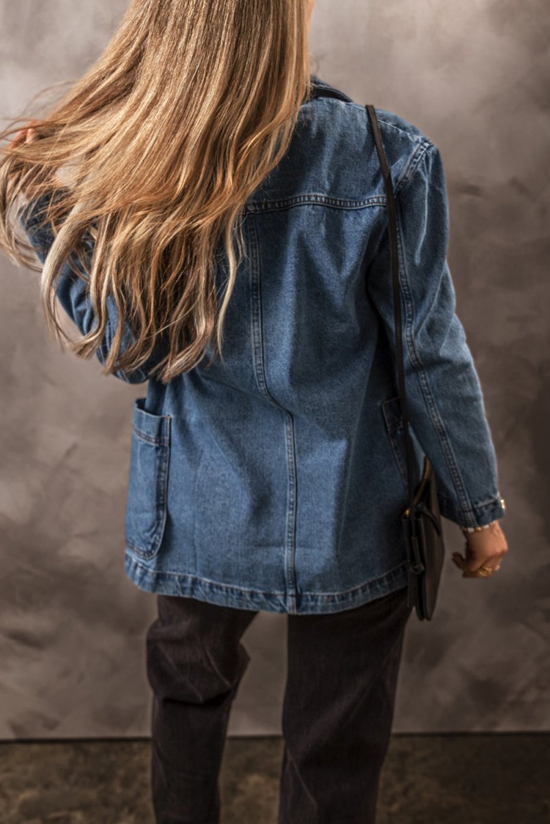 Pocketed Long Sleeve Denim Jacket - Outerwear