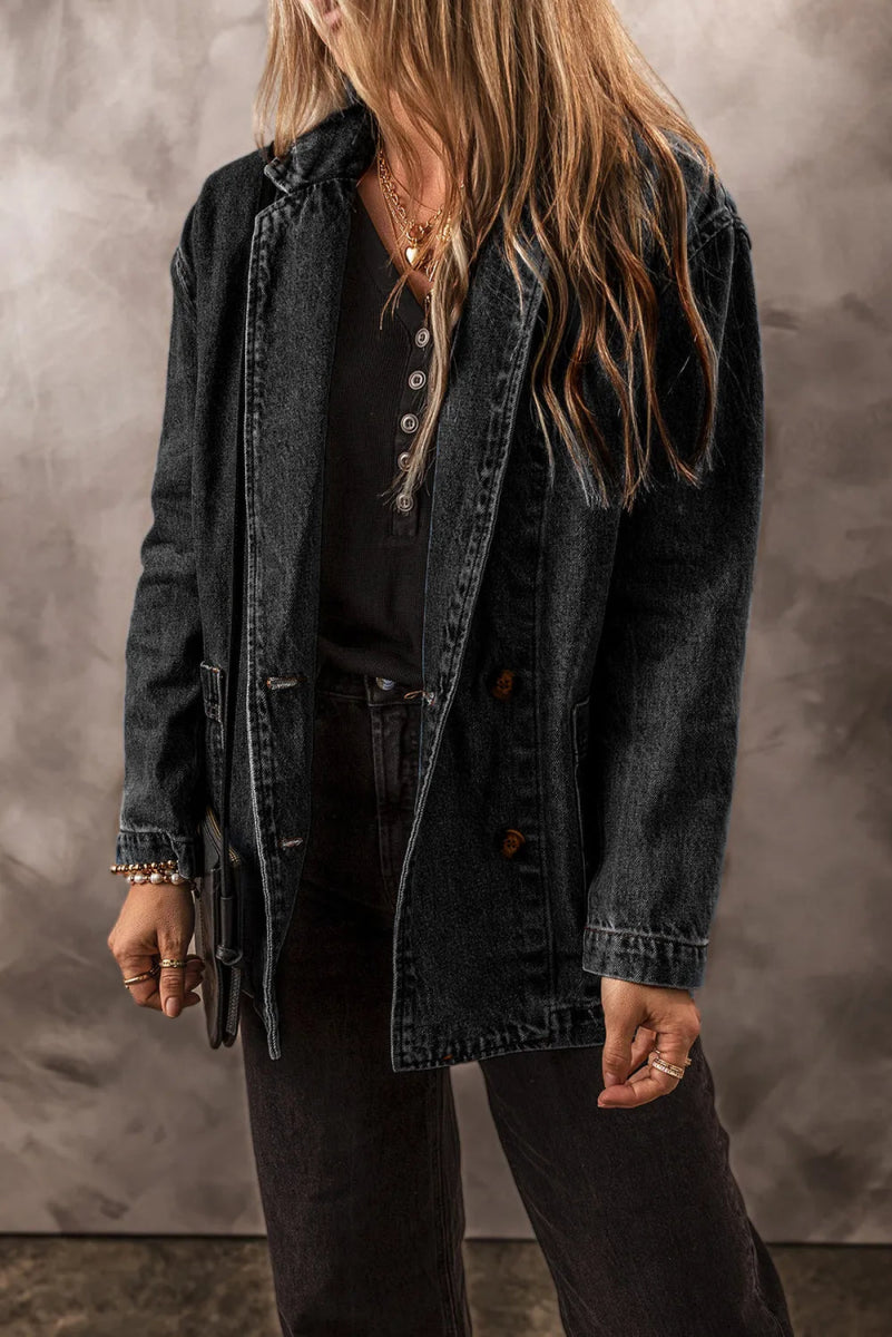 Pocketed Long Sleeve Denim Jacket - Outerwear