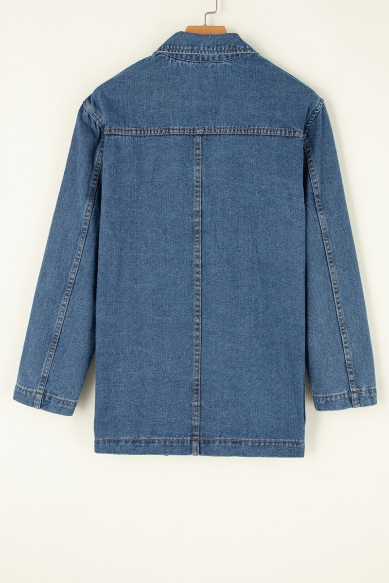 Pocketed Long Sleeve Denim Jacket - Outerwear