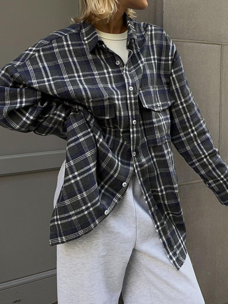 Pocketed Plaid Button Up Shacket - Outerwear
