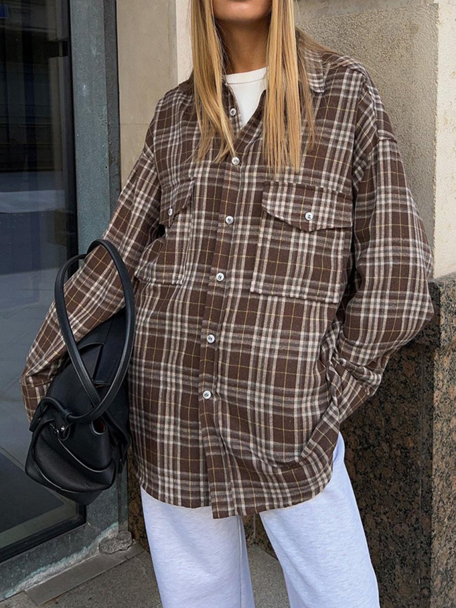 Pocketed Plaid Button Up Shacket - Outerwear
