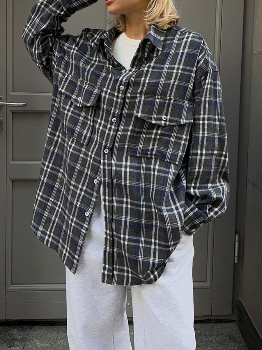 Pocketed Plaid Button Up Shacket - Outerwear