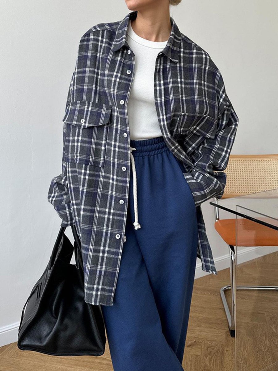 Pocketed Plaid Button Up Shacket - Outerwear