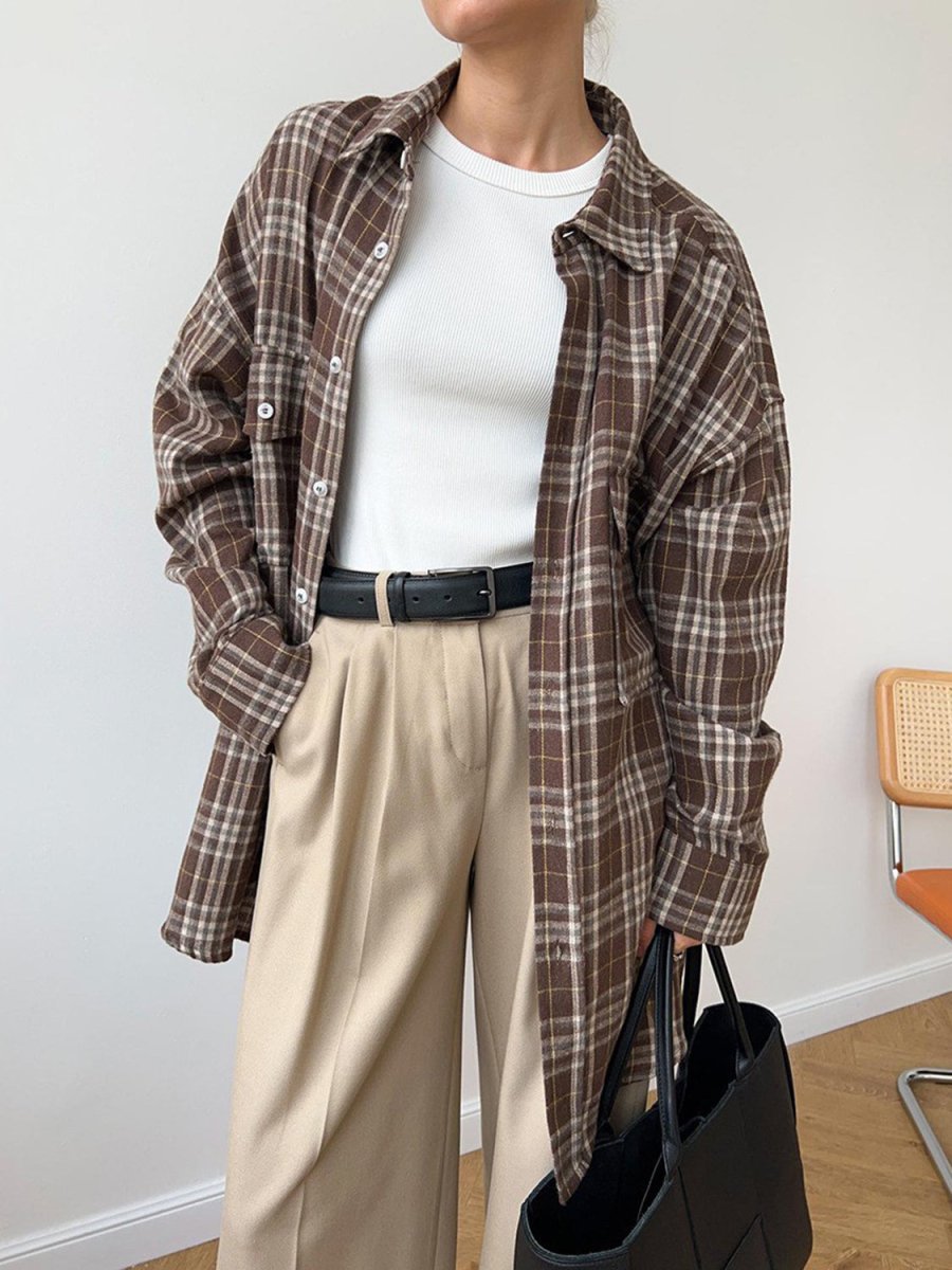 Pocketed Plaid Button Up Shacket - Outerwear