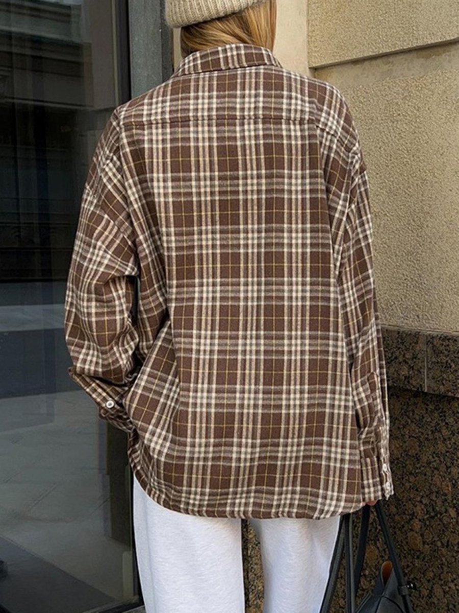 Pocketed Plaid Button Up Shacket - Outerwear