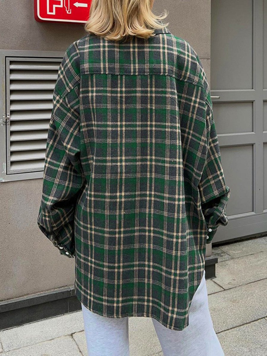 Pocketed Plaid Button Up Shacket - Outerwear