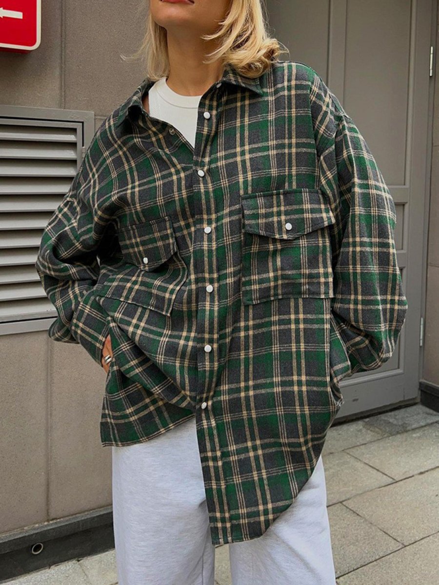 Pocketed Plaid Button Up Shacket - Outerwear