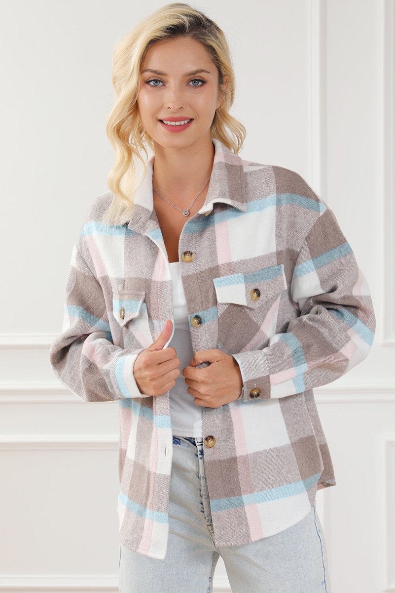 Pocketed Plaid Collared Neck Jacket - Outerwear