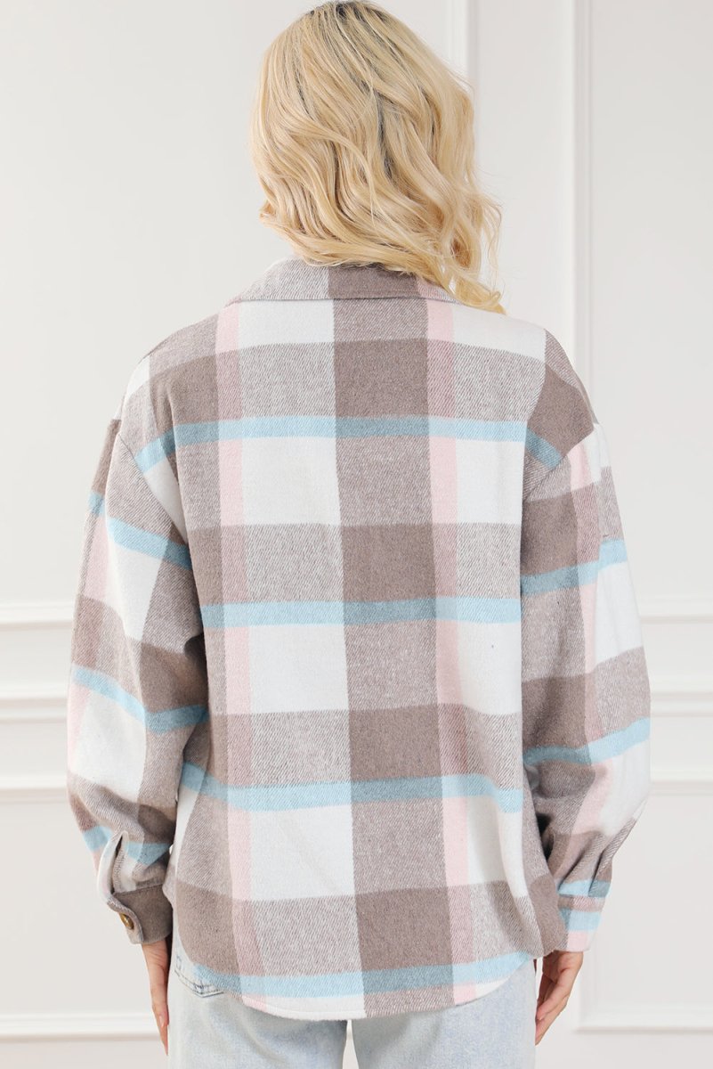 Pocketed Plaid Collared Neck Jacket - Outerwear