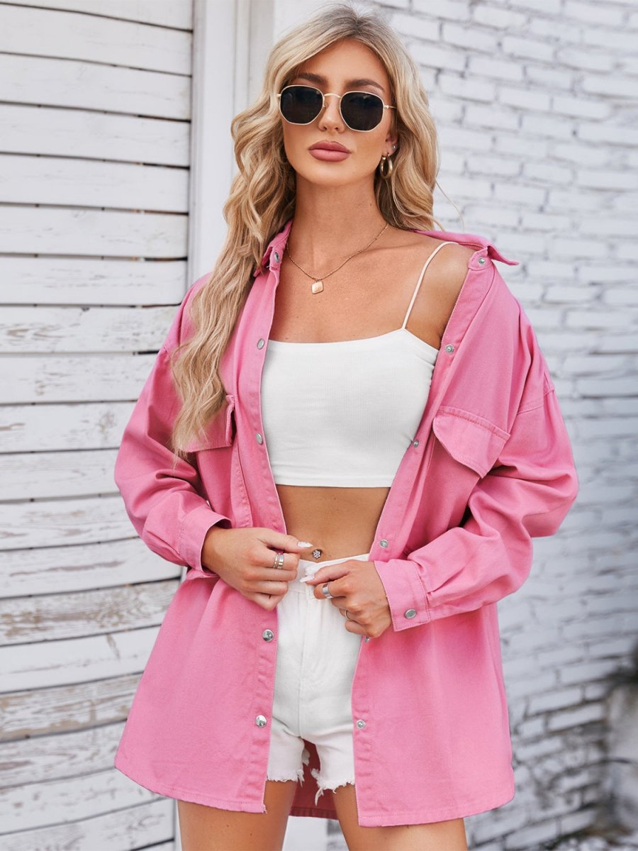 Pocketed Snap Down Dropped Shoulder Denim Shacket - Outerwear