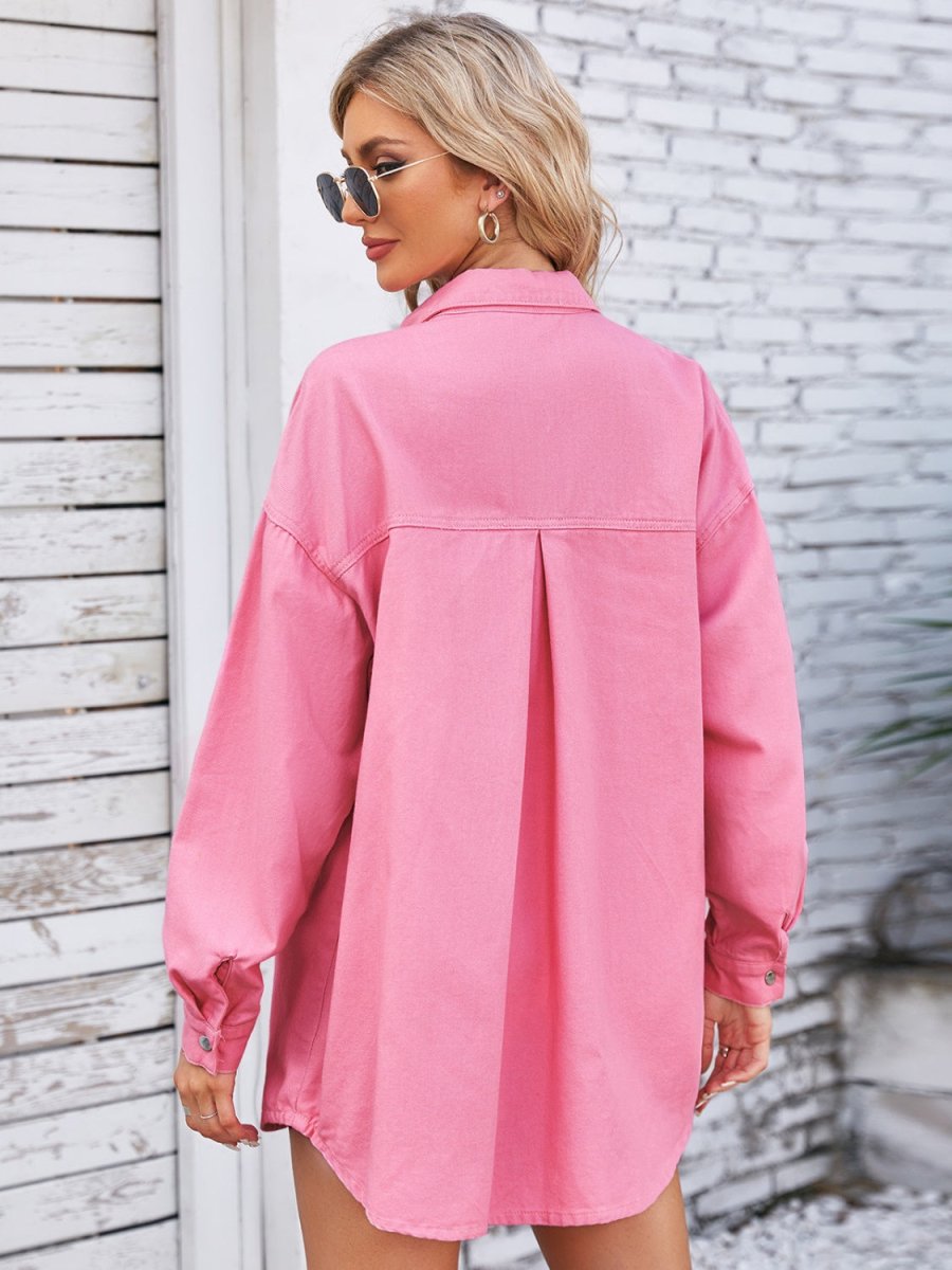 Pocketed Snap Down Dropped Shoulder Denim Shacket - Outerwear
