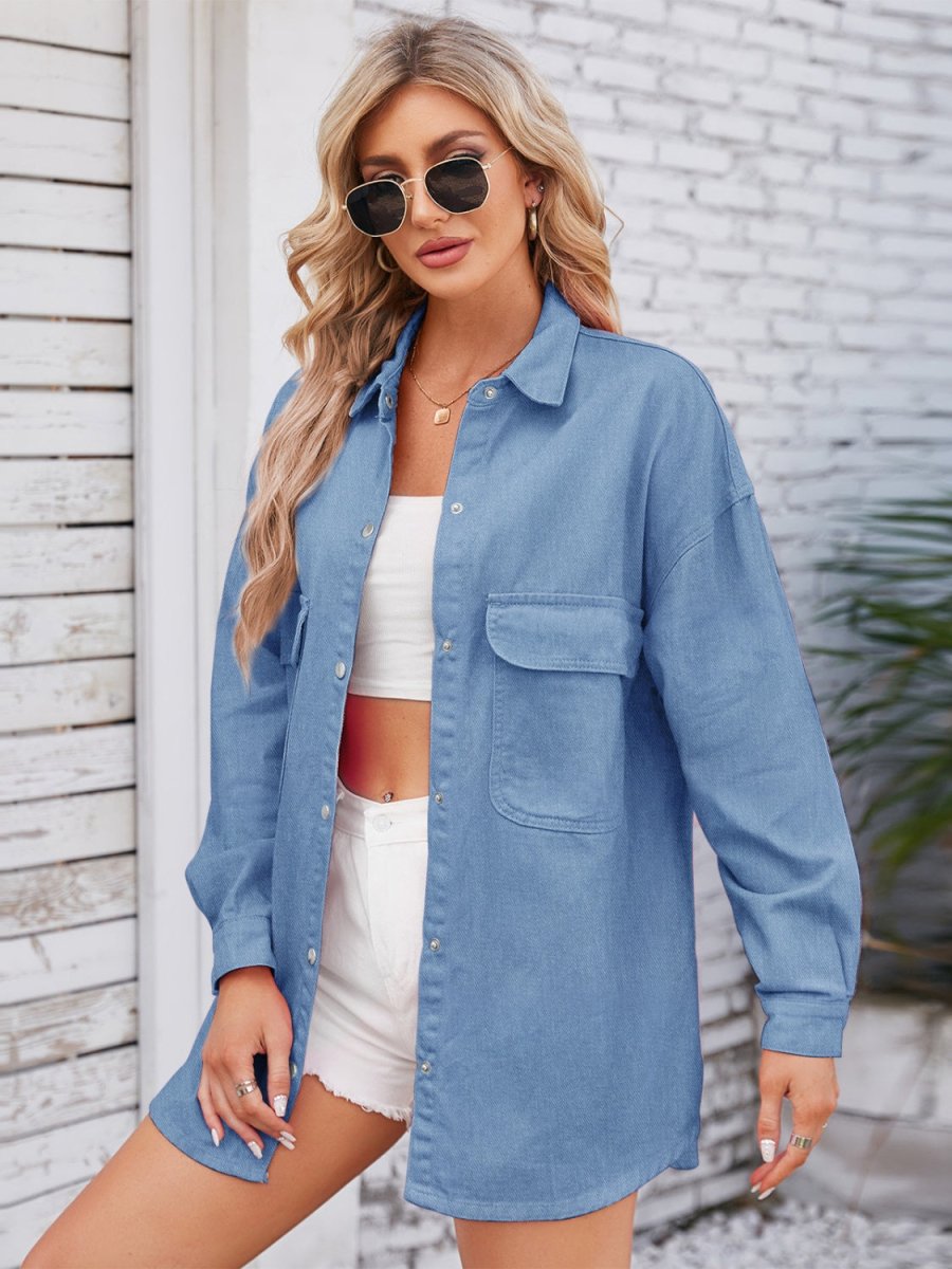 Pocketed Snap Down Dropped Shoulder Denim Shacket - Outerwear