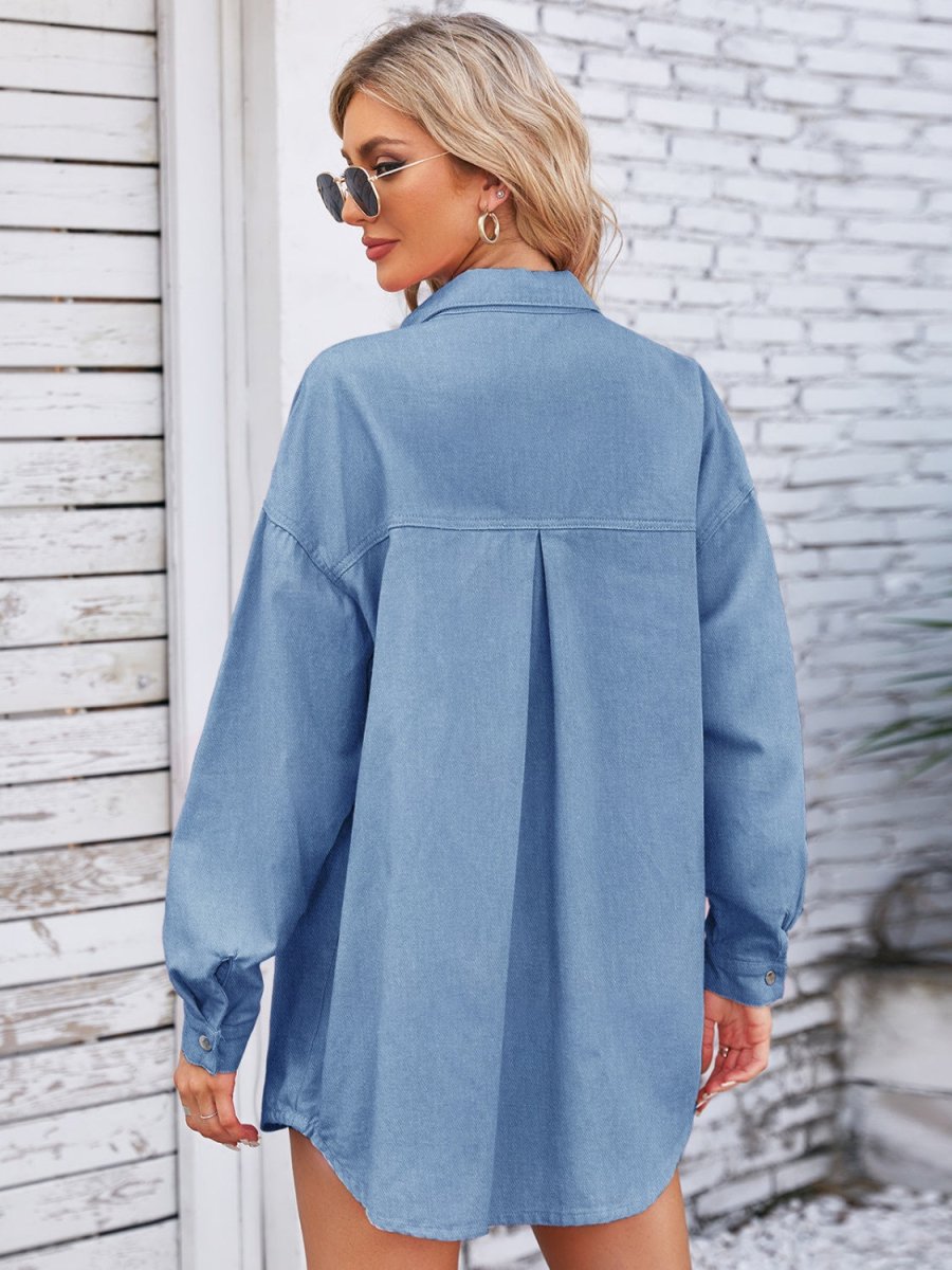 Pocketed Snap Down Dropped Shoulder Denim Shacket - Outerwear