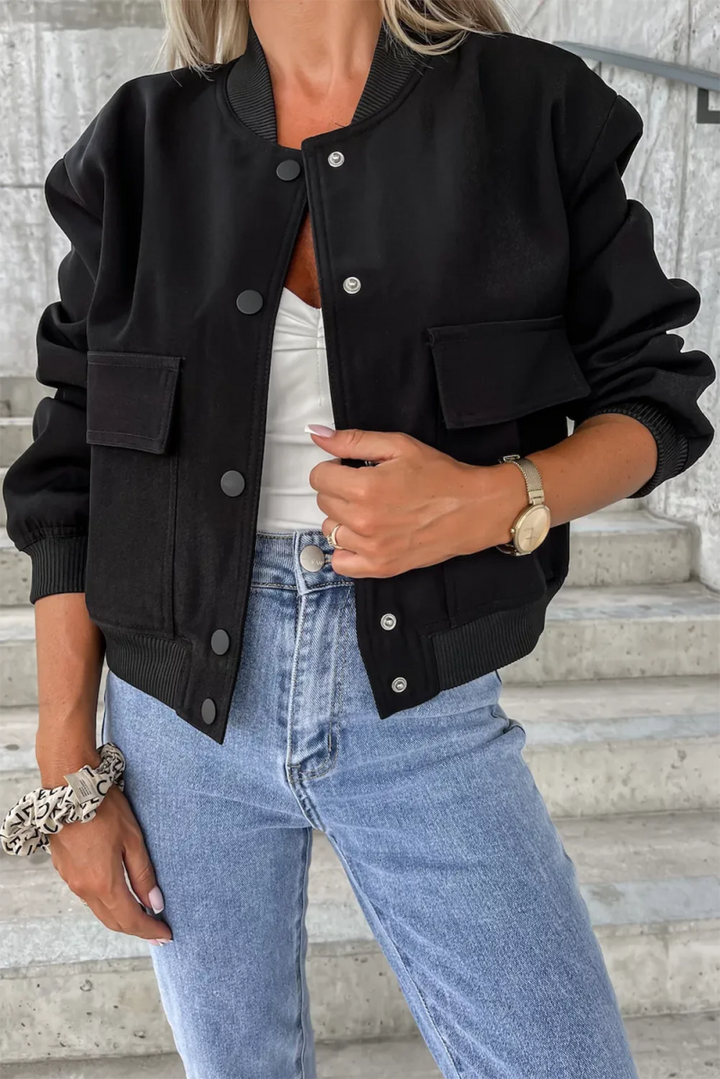 Pocketed Snap Down Long Sleeve Jacket - Outerwear