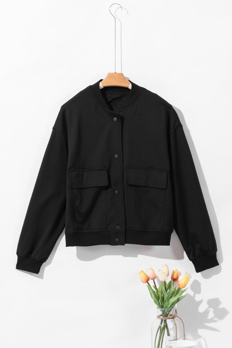Pocketed Snap Down Long Sleeve Jacket - Outerwear