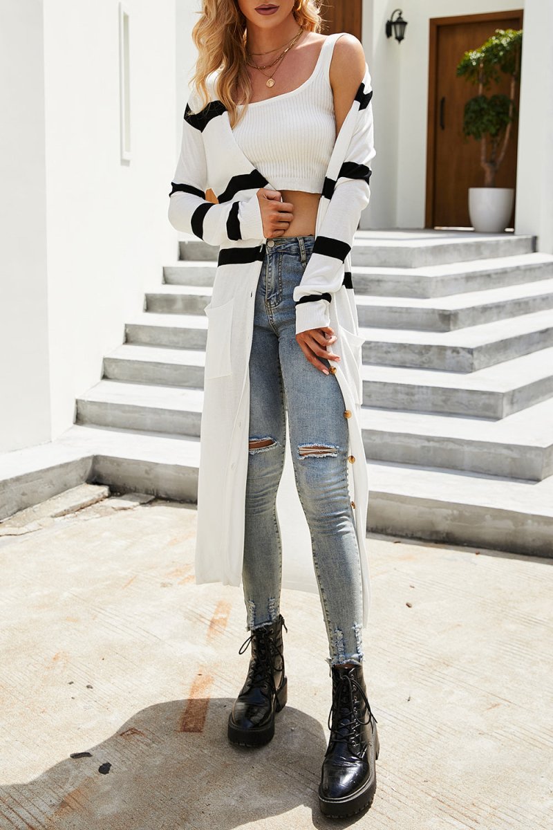 Pocketed Striped Button Up Cardigan - Outerwear
