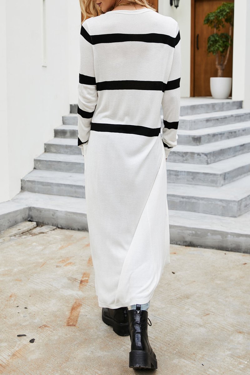 Pocketed Striped Button Up Cardigan - Outerwear