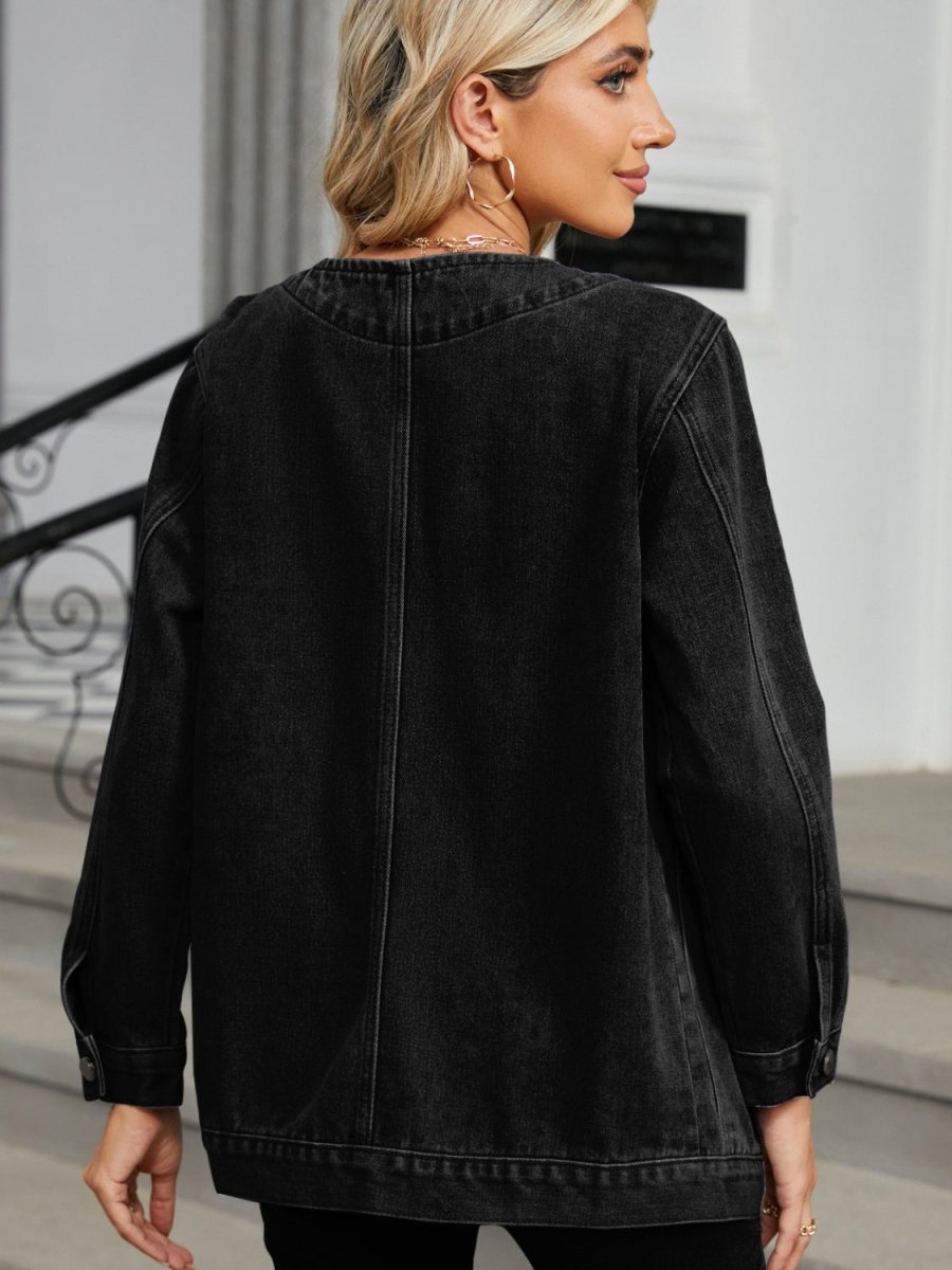 Pocketed V - Neck Button Up Denim Jacket - Outerwear