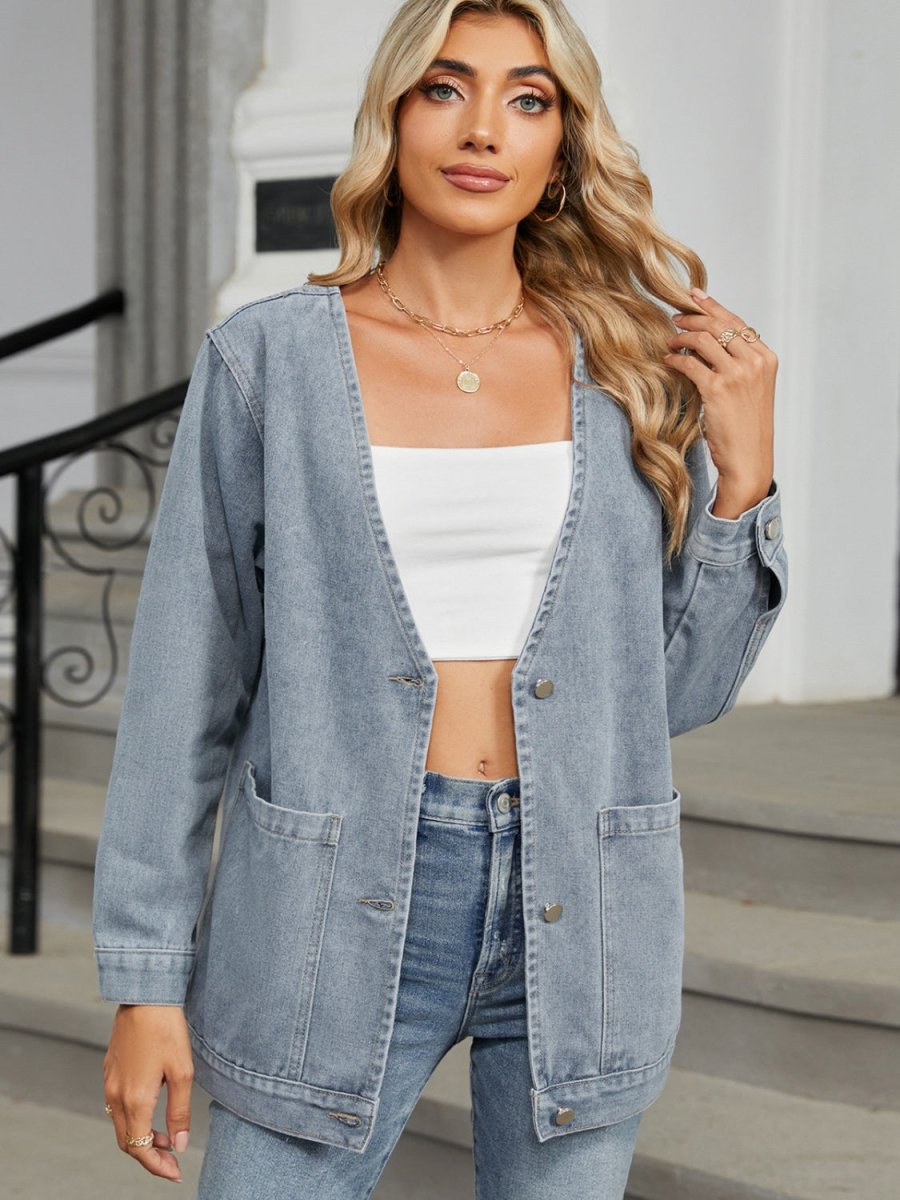 Pocketed V - Neck Button Up Denim Jacket - Outerwear