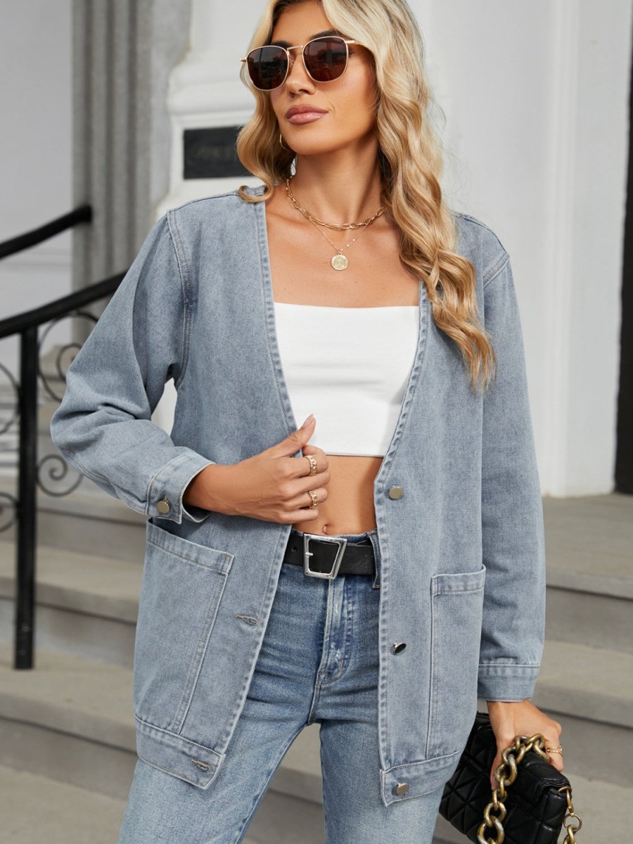 Pocketed V - Neck Button Up Denim Jacket - Outerwear
